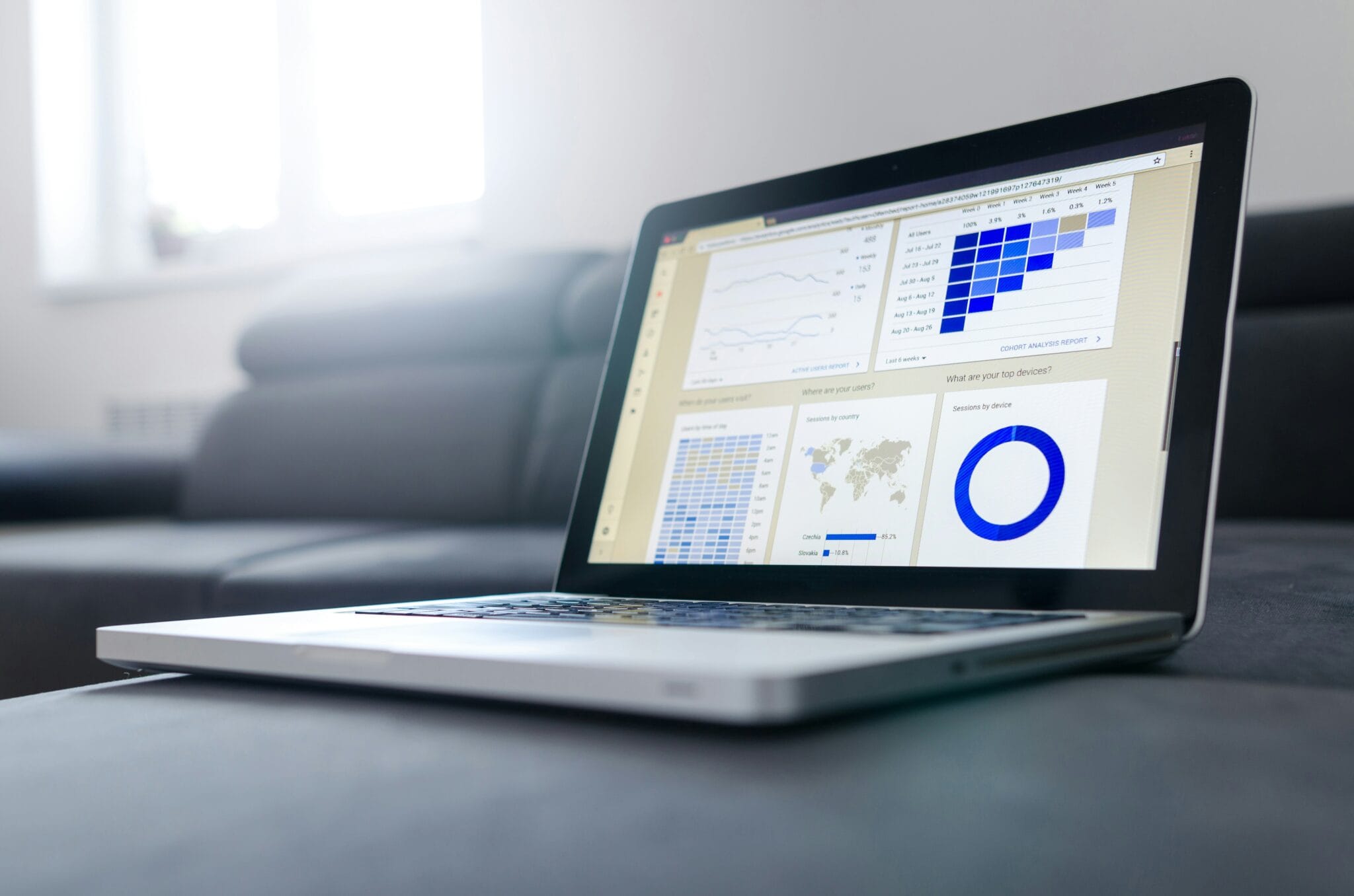 Digital Marketing analytics dashboard on laptop showing SEO and performance data in Nigeria